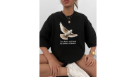Kadın Kısa Kol Yazlık Tişört Bisiklet Yaka Güvercin Baskılı T-Shirt - Siyah Kadın Kısa Kol Yazlık Tişört Bisiklet Yaka Güvercin Baskılı T-Shirt - Siyah