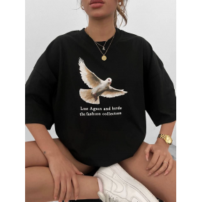 Kadın Kısa Kol Yazlık Tişört Bisiklet Yaka Güvercin Baskılı T-Shirt - Siyah