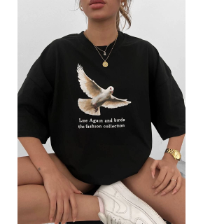Kadın Kısa Kol Yazlık Tişört Bisiklet Yaka Güvercin Baskılı T-Shirt - Siyah