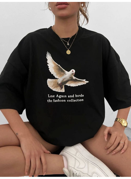 Kadın Kısa Kol Yazlık Tişört Bisiklet Yaka Güvercin Baskılı T-Shirt - Siyah Kadın Kısa Kol Yazlık Tişört Bisiklet Yaka Güvercin Baskılı T-Shirt - Siyah