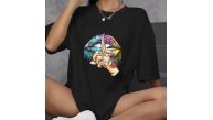 Kadın Baskılı T-Shirt Kısa Kol Bisiklet Yaka Oversize Rahat Kalıp Günlük Tişört - Siyah Kadın Baskılı T-Shirt Kısa Kol Bisiklet Yaka Oversize Rahat Kalıp Günlük Tişört - Siyah