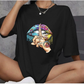 Kadın Baskılı T-Shirt Kısa Kol Bisiklet Yaka Oversize Rahat Kalıp Günlük Tişört   - Siyah