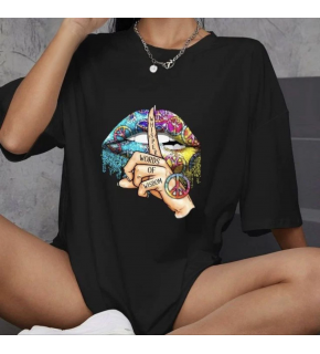 Kadın Baskılı T-Shirt Kısa Kol Bisiklet Yaka Oversize Rahat Kalıp Günlük Tişört   - Siyah