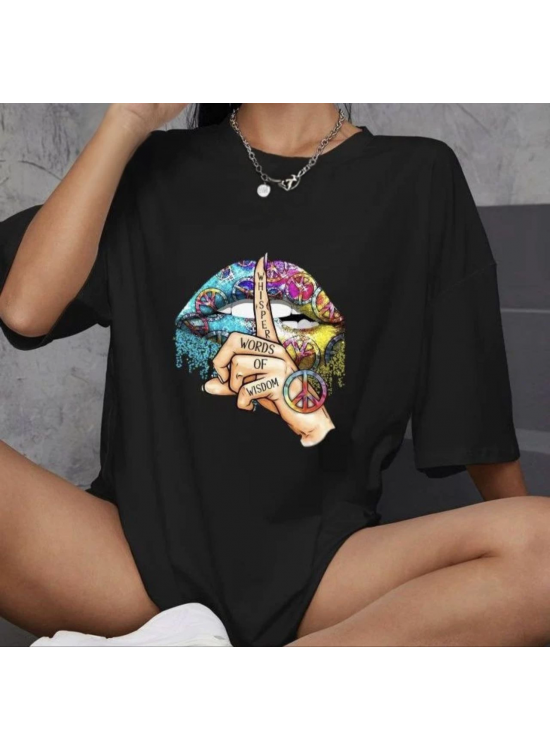 Kadın Baskılı T-Shirt Kısa Kol Bisiklet Yaka Oversize Rahat Kalıp Günlük Tişört - Siyah Kadın Baskılı T-Shirt Kısa Kol Bisiklet Yaka Oversize Rahat Kalıp Günlük Tişört - Siyah