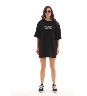 Kadın Kısa Kol Yazlık Tişört Bisiklet Yaka Baskılı Oversize T-Shirt - Siyah