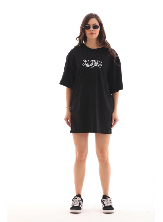 Kadın Kısa Kol Yazlık Tişört Bisiklet Yaka Baskılı Oversize T-Shirt - Siyah Kadın Kısa Kol Yazlık Tişört Bisiklet Yaka Baskılı Oversize T-Shirt - Siyah