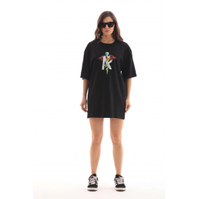 Kadın Baskılı T-Shirt Kısa Kol Bisiklet Yaka Regular Fit Rahat Kalıp Günlük Tişört -Siyah