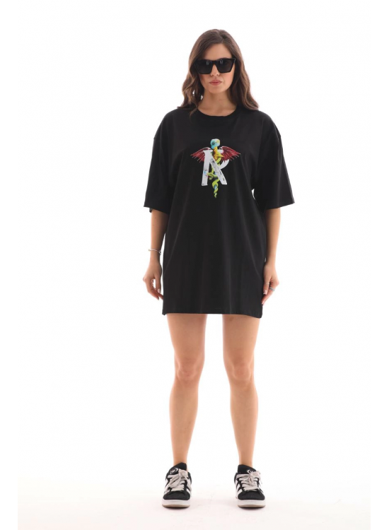 Kadın Baskılı T-Shirt Kısa Kol Bisiklet Yaka Regular Fit Rahat Kalıp Günlük Tişört -Siyah Kadın Baskılı T-Shirt Kısa Kol Bisiklet Yaka Regular Fit Rahat Kalıp Günlük Tişört -Siyah