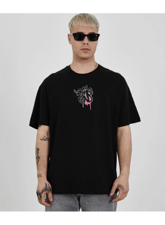 Erkek Kısa Kol Yazlık Tişört Bisiklet Yaka Baskılı Oversize T-Shirt - Siyah Erkek Kısa Kol Yazlık Tişört Bisiklet Yaka Baskılı Oversize T-Shirt - Siyah