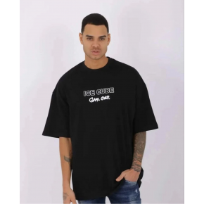 Erkek Kısa Kol Yazlık Tişört Bisiklet Yaka Baskılı Oversize T-Shirt - Siyah