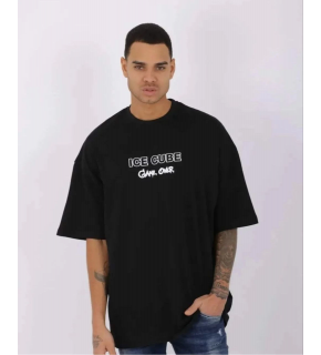 Erkek Kısa Kol Yazlık Tişört Bisiklet Yaka Baskılı Oversize T-Shirt - Siyah