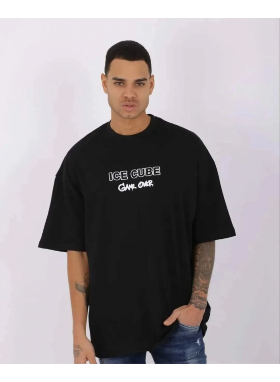 Erkek Kısa Kol Yazlık Tişört Bisiklet Yaka Baskılı Oversize T-Shirt - Siyah