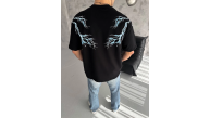 Erkek Bisiklet Yaka Tişört Yıldırım Şimşek Baskılı Kısa Kol T-Shirt -Siyah