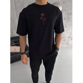 Erkek Bisiklet Yaka Baskılı Oversize  Kısa kol T-Shirt - Siyah