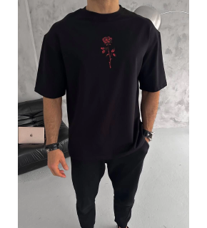 Erkek Bisiklet Yaka Baskılı Oversize  Kısa kol T-Shirt - Siyah