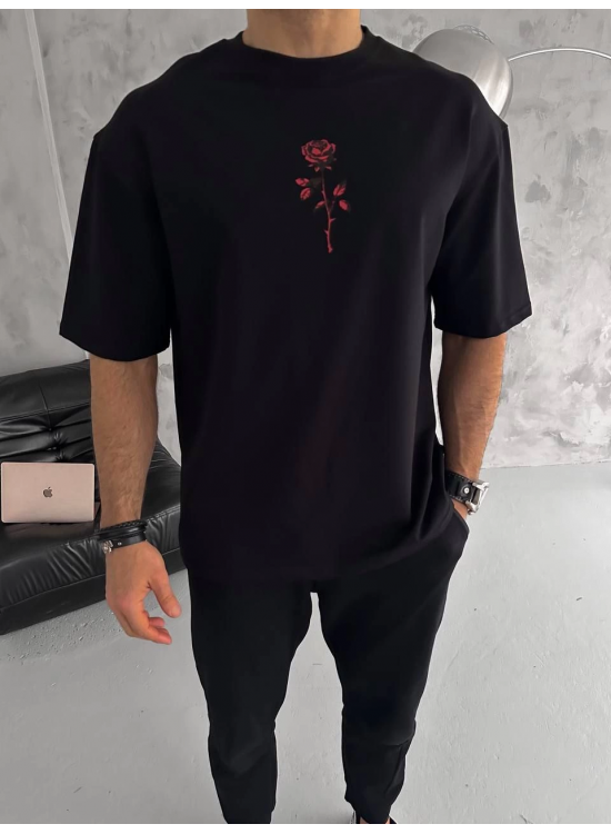 Erkek Bisiklet Yaka Baskılı Oversize Kısa kol T-Shirt - Siyah Erkek Bisiklet Yaka Baskılı Oversize Kısa kol T-Shirt - Siyah