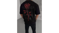 Erkek Bisiklet Yaka Baskılı Oversize Kısa kol T-Shirt - Siyah Erkek Bisiklet Yaka Baskılı Oversize Kısa kol T-Shirt - Siyah