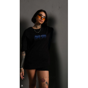 kadın Bisiklet Yaka Baskılı Oversize  Kısa kol T-Shirt - Siyah