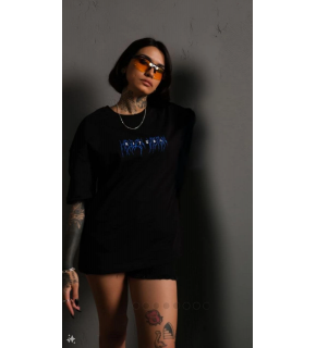 kadın Bisiklet Yaka Baskılı Oversize  Kısa kol T-Shirt - Siyah