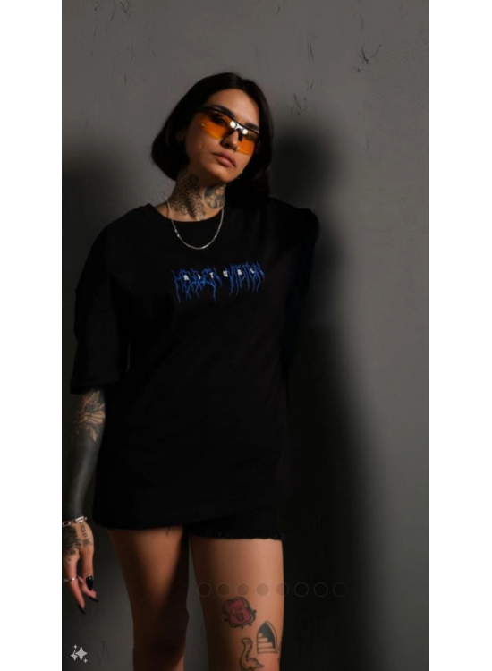 kadın Bisiklet Yaka Baskılı Oversize Kısa kol T-Shirt - Siyah kadın Bisiklet Yaka Baskılı Oversize Kısa kol T-Shirt - Siyah