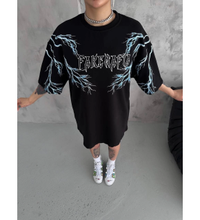 Kadın Bisiklet Yaka Yıldırım Baskılı  Kısa kol Oversize T-Shirt - Siyah
