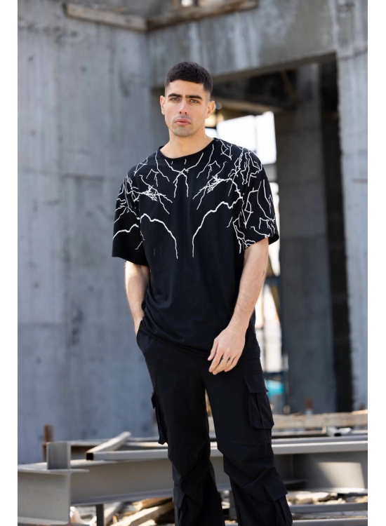 Erkek Yıldırım şimşek Baskılı T-Shirt Kısa Kol Bisiklet Yaka Tişört - Siyah Erkek Yıldırım şimşek Baskılı T-Shirt Kısa Kol Bisiklet Yaka Tişört - Siyah