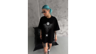 kadın Bisiklet Yaka Baskılı Oversize Kısa kol T-Shirt - Siyah kadın Bisiklet Yaka Baskılı Oversize Kısa kol T-Shirt - Siyah