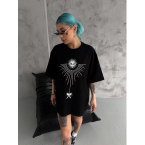 kadın Bisiklet Yaka Baskılı Oversize  Kısa kol T-Shirt - Siyah