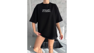 kadın Bisiklet Yaka Baskılı Oversize Kısa kol T-Shirt - Siyah kadın Bisiklet Yaka Baskılı Oversize Kısa kol T-Shirt - Siyah