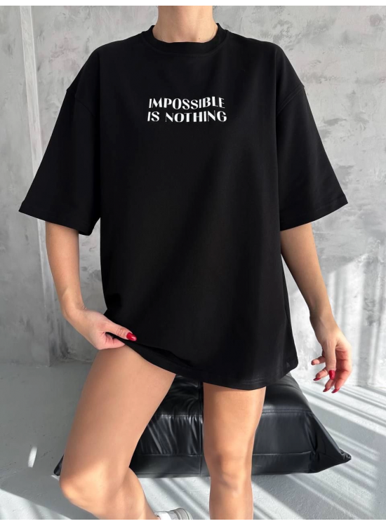 kadın Bisiklet Yaka Baskılı Oversize Kısa kol T-Shirt - Siyah kadın Bisiklet Yaka Baskılı Oversize Kısa kol T-Shirt - Siyah