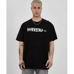 Erkek Kısa Kol Yazlık Tişört Bisiklet Yaka Baskılı Oversize T-Shirt - Siyah