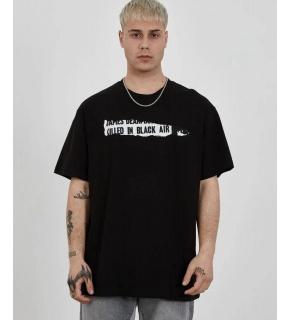 Erkek Kısa Kol Yazlık Tişört Bisiklet Yaka Baskılı Oversize T-Shirt - Siyah