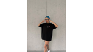 Kadın Bisiklet Yaka Baskılı kısa kol Oversize T-Shirt - Siyah Kadın Bisiklet Yaka Baskılı kısa kol Oversize T-Shirt - Siyah