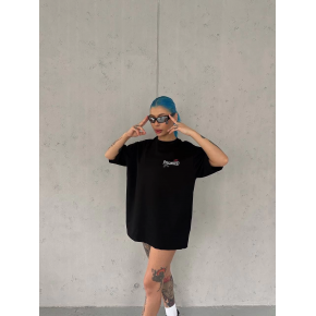 Kadın Bisiklet Yaka Baskılı kısa kol Oversize T-Shirt - Siyah