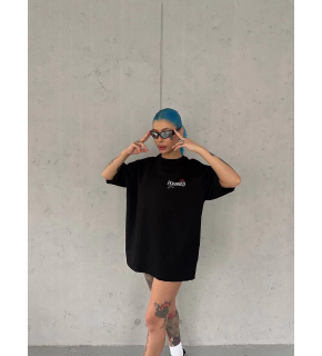 Kadın Bisiklet Yaka Baskılı kısa kol Oversize T-Shirt - Siyah