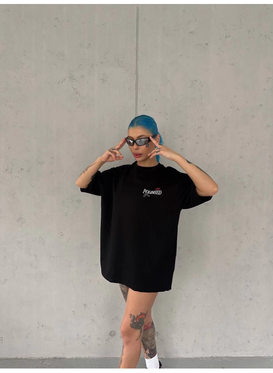 Kadın Bisiklet Yaka Baskılı kısa kol Oversize T-Shirt - Siyah Kadın Bisiklet Yaka Baskılı kısa kol Oversize T-Shirt - Siyah