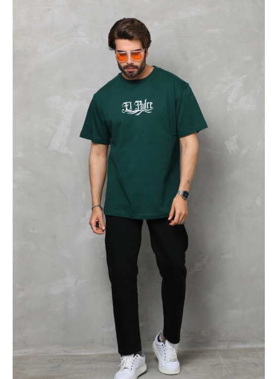 Erkek Kısa Kol Yazlık Tişört Bisiklet Yaka Baskılı Oversize T-Shirt - Yeşil