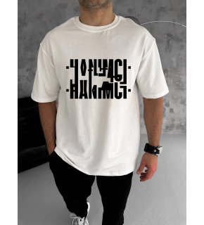 Erkek Tişört Kısa Kol Bisiklet Yaka Katlanan HANIMCI Baskılı T-Shirt - Beyaz