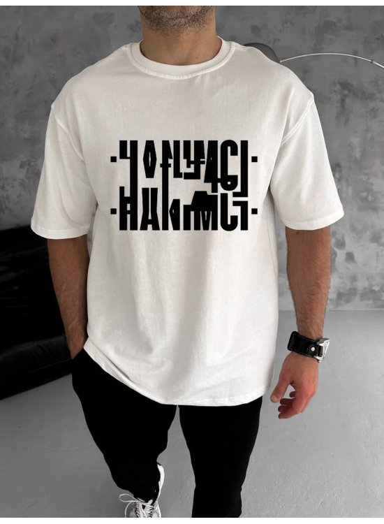 Erkek Tişört Kısa Kol Bisiklet Yaka Katlanan HANIMCI Baskılı T-Shirt - Beyaz Erkek Tişört Kısa Kol Bisiklet Yaka Katlanan HANIMCI Baskılı T-Shirt - Beyaz