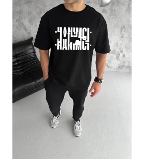 Erkek Tişört Kısa Kol Bisiklet Yaka Katlanan HANIMCI Baskılı T-Shirt - Siyah