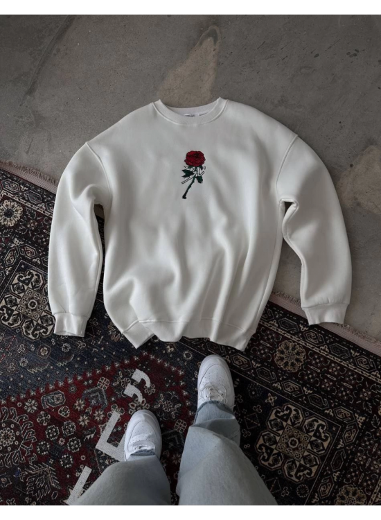 ERKEK 3 iplik Pamuklu Bisiklet Yaka Ön Ve Arka Baskılı SweatShirt -  Beyaz