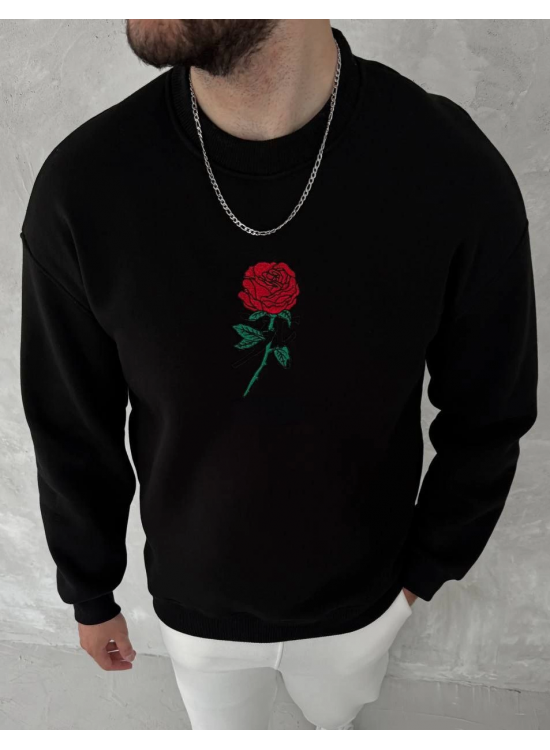 ERKEK 3 iplik Pamuklu Bisiklet Yaka Ön Ve Arka Baskılı SweatShirt - Siyah