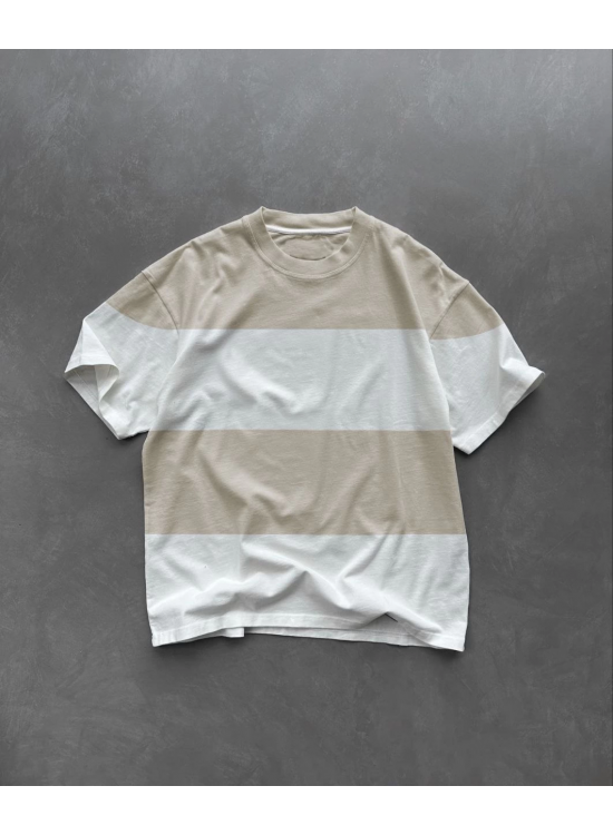 Erkek  Kısa kol  Bisiklet Yaka Parçalı T-Shirt - Bej