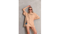 kadın Bisiklet Yaka Baskılı Oversize Kısa kol T-Shirt - Bej kadın Bisiklet Yaka Baskılı Oversize Kısa kol T-Shirt - Bej