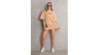 kadın Bisiklet Yaka Baskılı Oversize Kısa kol T-Shirt - Bej kadın Bisiklet Yaka Baskılı Oversize Kısa kol T-Shirt - Bej
