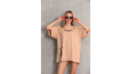 kadın Bisiklet Yaka Baskılı Oversize Kısa kol T-Shirt - Bej kadın Bisiklet Yaka Baskılı Oversize Kısa kol T-Shirt - Bej