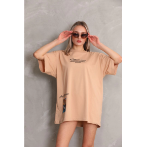 kadın Bisiklet Yaka Baskılı Oversize Kısa kol T-Shirt - Bej