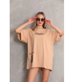 kadın Bisiklet Yaka Baskılı Oversize Kısa kol T-Shirt - Bej