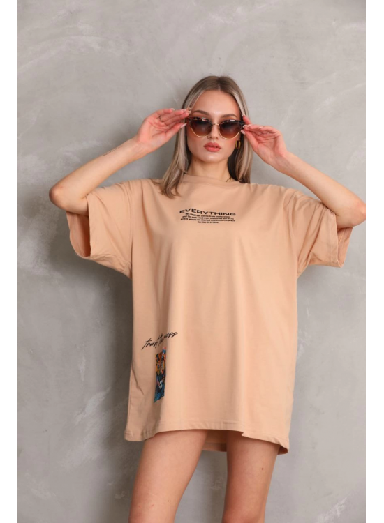 kadın Bisiklet Yaka Baskılı Oversize Kısa kol T-Shirt - Bej kadın Bisiklet Yaka Baskılı Oversize Kısa kol T-Shirt - Bej