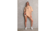 kadın Bisiklet Yaka Baskılı Oversize Kısa kol T-Shirt - Bej kadın Bisiklet Yaka Baskılı Oversize Kısa kol T-Shirt - Bej